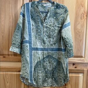 Dolma Green and Blue Asian Inspired Lagenlook Cotton Lightweight Tunic Top Sz XL